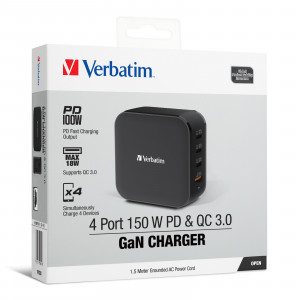 VERBATIM 4 Port PD 3.0 150W GAN UK POWER CORD CHARGER – BLACK (66910)