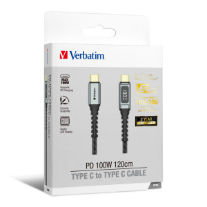 VERBATIM 120CM PD 3.0 100W C TO C CABLE WITH DISPLAY – GREY (66951)