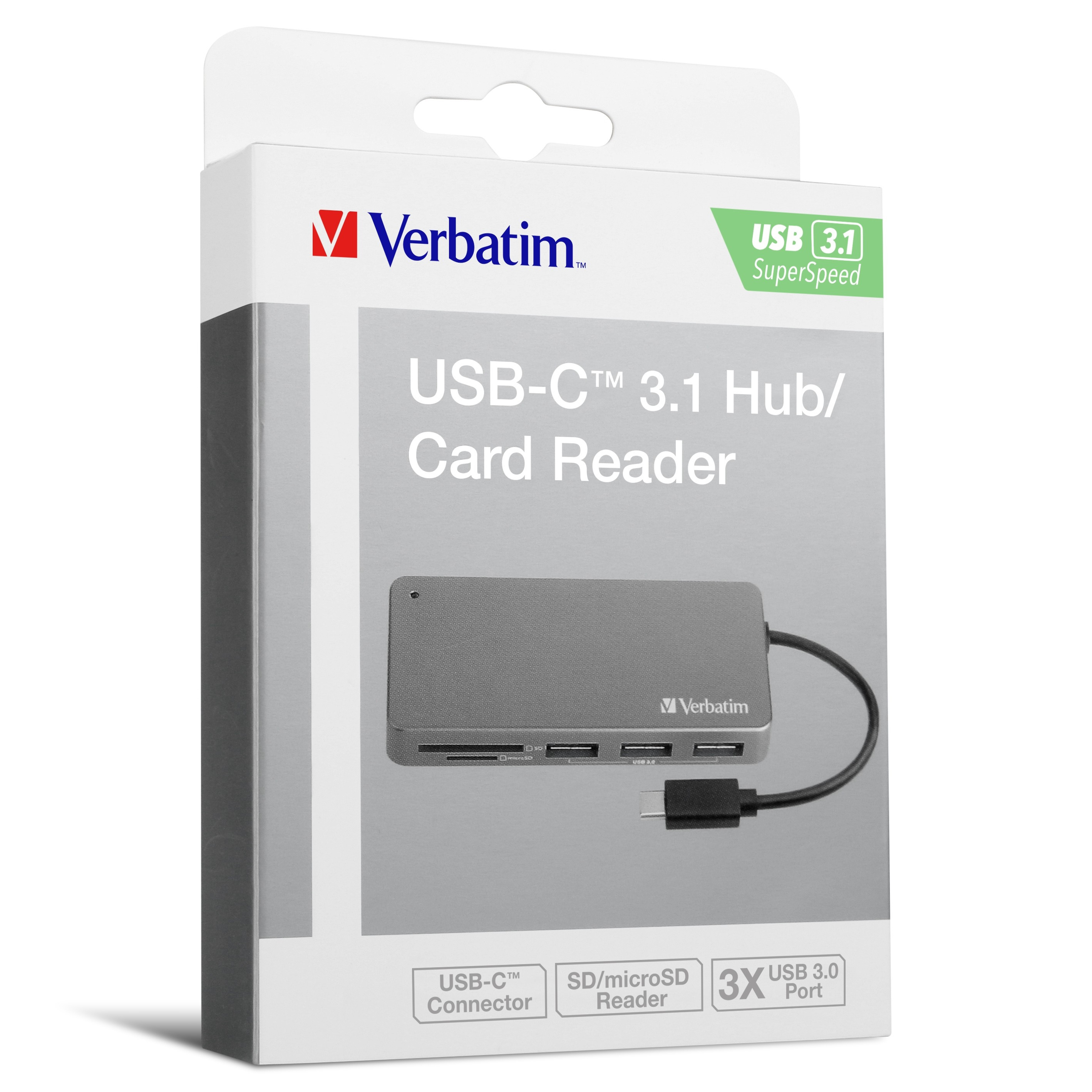VERBATIM USB3.1 USB C CARD READER & HUB (FIXED CABLE) – GREY (65679)