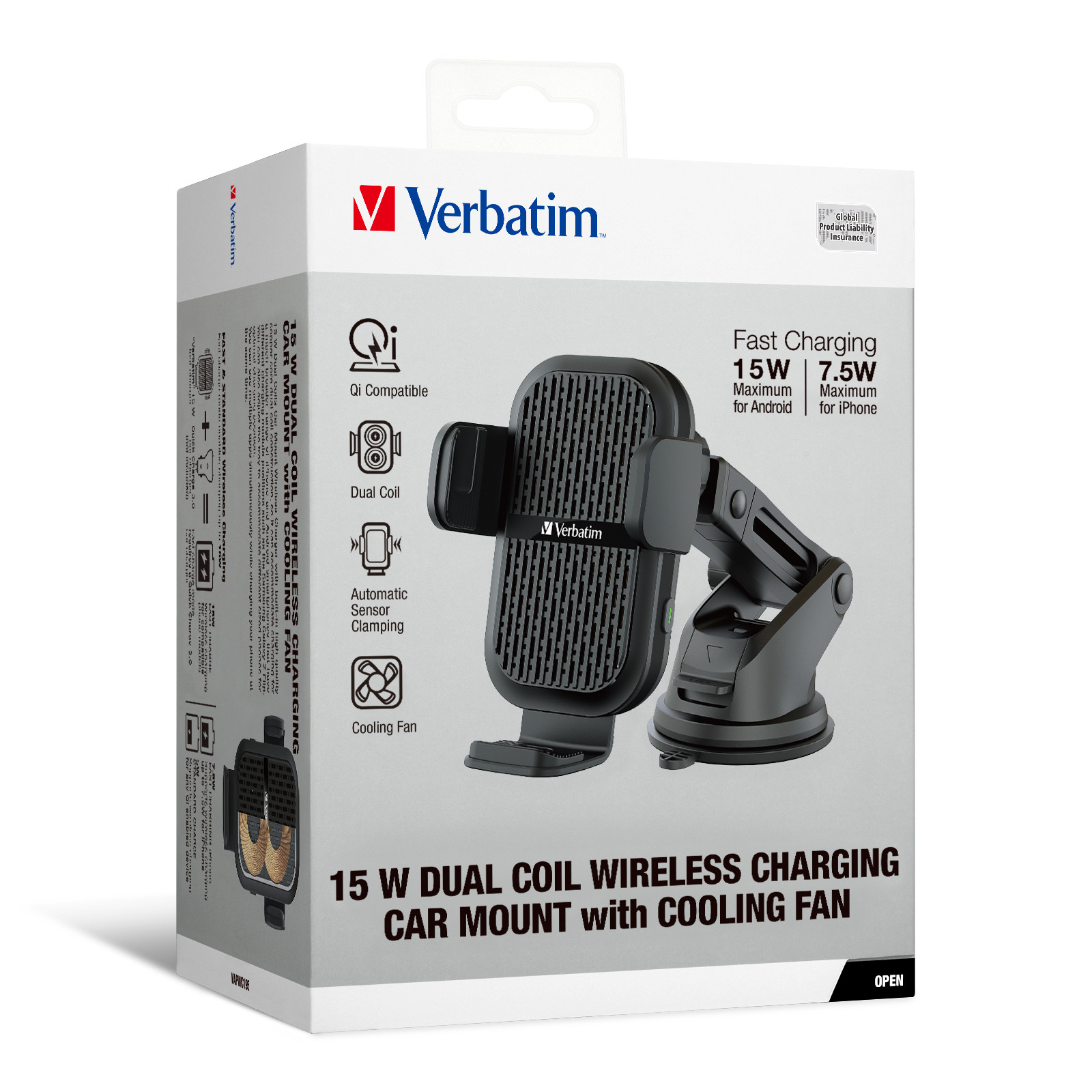 VERBATIM 15 WDUAL COIL WIRELESS CHARGING CAR MOUNT WITH COOLING FAN – BLACK (66896)