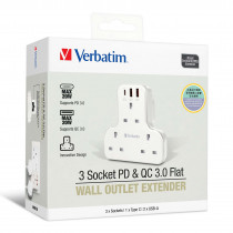 VERBATIM WALL OUTLET EXTENDER FLAT 3 OUTLETS PD & QC3.0 – WHITE (66886)
