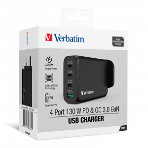 VERBATIM 4 Port 130W GAN PD 3.0 X 3 and QC 3.0 X 1 USB Hub Charger – BLACK (66634)